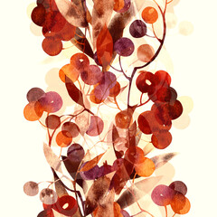 Autumn bouquet: berries and leaves endless motif. Digital art and watercolour, ink texture. Seamless pattern for packaging, scrapbooking, textile. Modern art-deco.  - 654085301