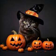 A cat wearing a witch's hat next to three pumpkins