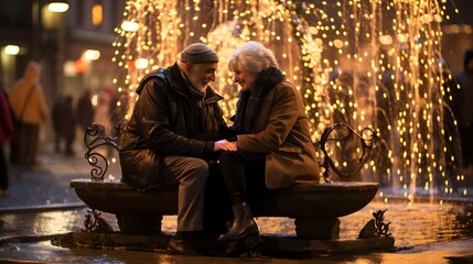 Obraz premium elderly couple celebrating holiday at the fountain