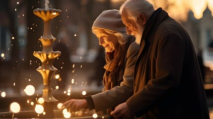 elderly couple celebrating holiday at the fountain