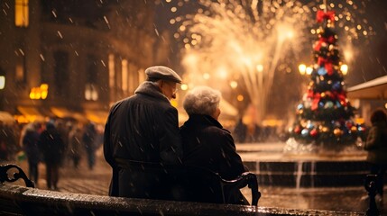 elderly couple celebrating holiday at the fountain