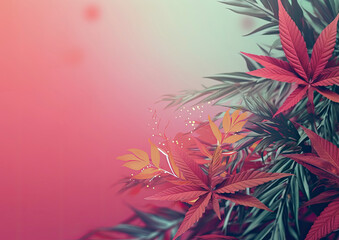 A vibrant red leafed plant against a vibrant pink and green backdrop