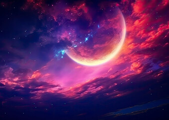 Obraz na płótnie Canvas A beautiful twilight sky with a crescent moon shining brightly