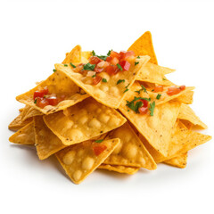 A stack of crispy tortilla chips on a clean white background