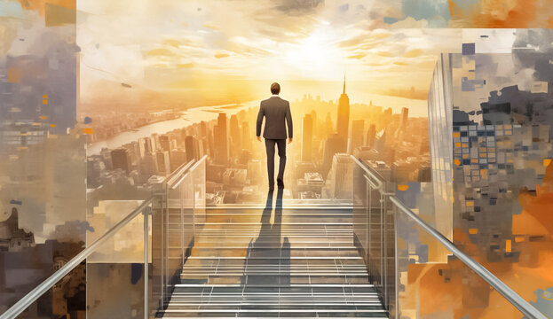 illusion Silhouette of businessman on the top stairs with over cityscape background. Concept of leadership successful achievement with goal, winner, success and growth. Generative AI.