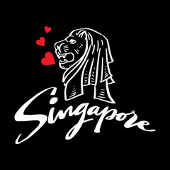 Black and white vector illustration of a lion with a red heart. Singapore travel landmark. World country travel landmark icon.