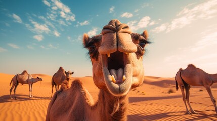 a photo of camels standing in the egyptian sand desert sahara. funny camel open mouth laughing. image for a post card or a web design ad. wallpaper background, 16:9, 4k. Generative AI - obrazy, fototapety, plakaty