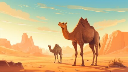 a photo of camel standing in the egyptian sand desert sahara. image for a post card or a web design ad. wallpaper background, 16:9, 4k. cartoonish anime art style. Generative AI - obrazy, fototapety, plakaty