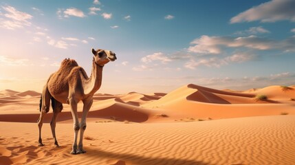 a photo of camel standing in the egyptian sand desert sahara. image for a post card or a web design ad. wallpaper background, 16:9, 4k. Generative AI - obrazy, fototapety, plakaty
