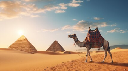 a photo of camel standing in the egyptian sand desert sahara. pyramids in the background. image for a post card or a web design ad. wallpaper background, 16:9, 4k. Generative AI