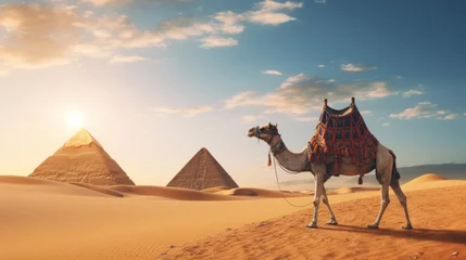  a photo of camel standing in the egyptian sand desert sahara. pyramids in the background. image for a post card or a web design ad. wallpaper background, 16:9, 4k. Generative AI © SayLi