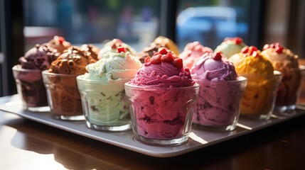 Colorful ice cream scoops in glass cup on wooden table.