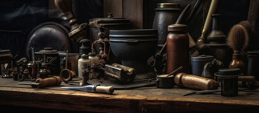 Black dusty surface are old barber tools background