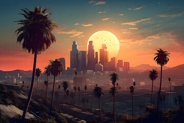 City of Los Angeles and sun in the background - obrazy, fototapety, plakaty