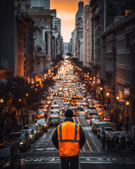 A construction worker man standing in the street, evening, the roadside parked cars, busy streets,...