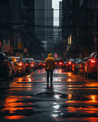 A man standing in the street, cars parked on the side of the road, the atmosphere of solitude, darkness and loneliness