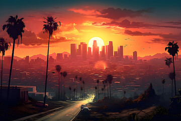 City of Los Angeles and sun in the background