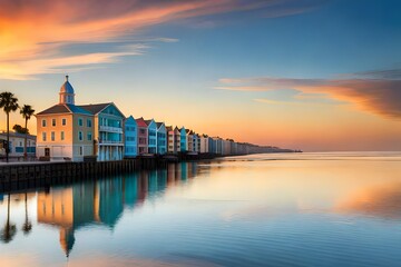a coastal town, at sunset, with pastel blue and mint green buildings, reflecting the warm, fading...