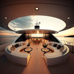 150ft super yacht aft deck with 6 sun beds a table for 10 bar for 6 people fully furnished with modern elegant furnitures and luxurious artworks  - obrazy, fototapety, plakaty