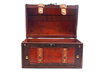 An Empty and Open Wood and Leather Treasure Chest Isolated on a White Background