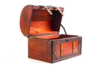 An Empty and Open Wood and Leather Treasure Chest Isolated on a White Background