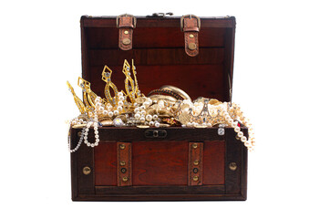 Antique Treasure Chest FIlled with Gold Silver DIamond Treasures on a White Background