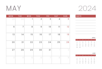 Monthly page Calendar Planner Templates of May 2024 with note. Vector layout of simple calendar with week start Monday for print. Page for size A4 or 21x29.7 cm