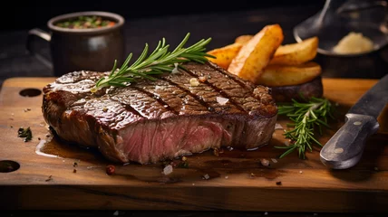 Poster Australian beef steak on wood dish with black background in studio light. Food concept. Generative AI © BoszyArtis
