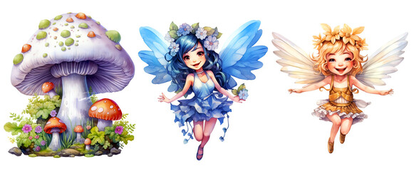 Fototapeta premium Cute Little Fairy Girl, fantacy magical fairy tales Clipart isolated on Transparent Background.
