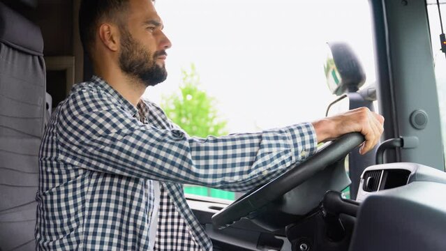Truck driver sleeping in his cabin after working long routes overtime. Lack of sleep