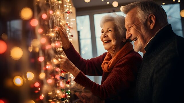 Elderly Couple Putting Up Christmas Lights