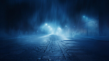Amazing Blue Dark Background of Empty Foggy Street with Wet