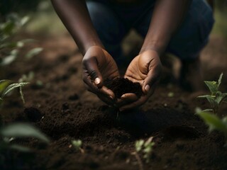 An woman holding handful of soil from the ground - obrazy, fototapety, plakaty