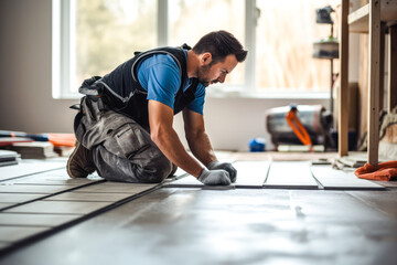 Tile installer, a man laying floor tiles in a new home, demonstrating the expertise and precision of a professional contractor - obrazy, fototapety, plakaty