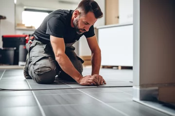 Fotobehang Tile installer, a man laying floor tiles in a new home, demonstrating the expertise and precision of a professional contractor © MVProductions