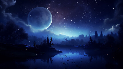 Romantic Moon In Starry Night Over Cloud Halloween Background