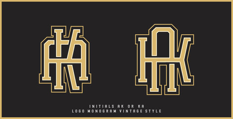 AK or KA monogram logo in vintage style, capital font in gold color on black background. antique letter combination - obrazy, fototapety, plakaty