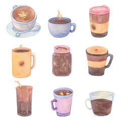 set of watercolor illustrations for coffee day, cartoon hand drawn watercolor coffee drink