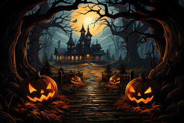 Halloween, Haunted Halloween 3D Render of Pumpkins and Spooky House Background. Generative AI