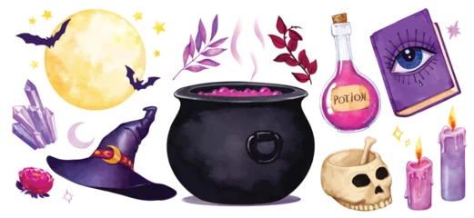 Crédence de cuisine en verre imprimé Crâne aquarelle watercolor set of Halloween theme witch elements. mystical sorcery and witchcraft items such as cauldron, potion, spells book, moon, candles, witch hat, celestial crystals, skull and magical plants