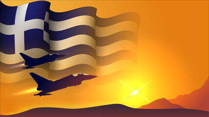 fighter jet plane with greece waving flag background design with sunset view suitable for national greece air forces day event - obrazy, fototapety, plakaty