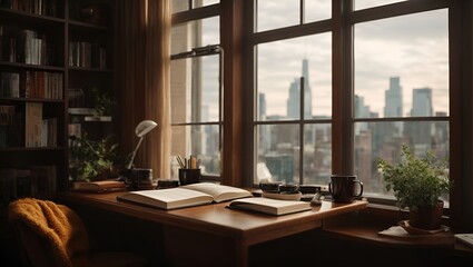 cozy place to study, city view outside windows