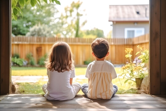 Two Children, A Sister And Brother, Both Sitting On A Porch In The Summer Afternoon, Looking Out At The Yard. Concept Of Childhood And Long Boring Summer Afternoons