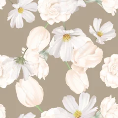 Gordijnen Floral seamless pattern, various white flowers on brown © momosama