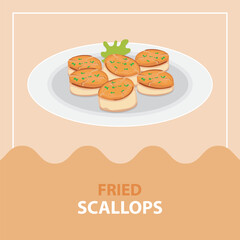 Fried Scallops in the plate vector illustration and text isolated on abstract background. Suitable for any design on the content with that theme.