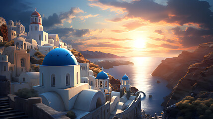 Illustration of a sunset over the white and blue domes of Santorini - obrazy, fototapety, plakaty