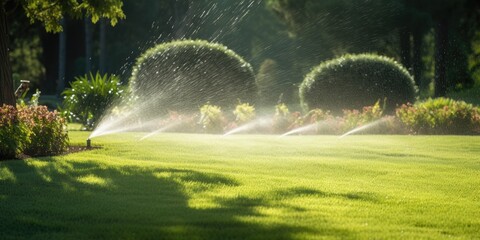 Automatic sprinkler system watering the lawn. Generative AI - obrazy, fototapety, plakaty