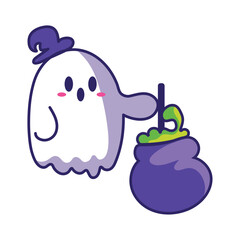 halloween kawaii ghost with cauldron