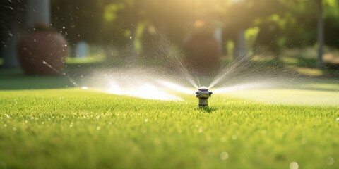Automatic sprinkler system watering the lawn. Generative AI - obrazy, fototapety, plakaty