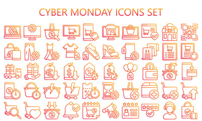 Cyber Monday gradient outline icons set, contain online shopping, discounts, sale and e-commerce promotions. use for modern concept, UI or UX kit, web and app development. vector EPS 10.